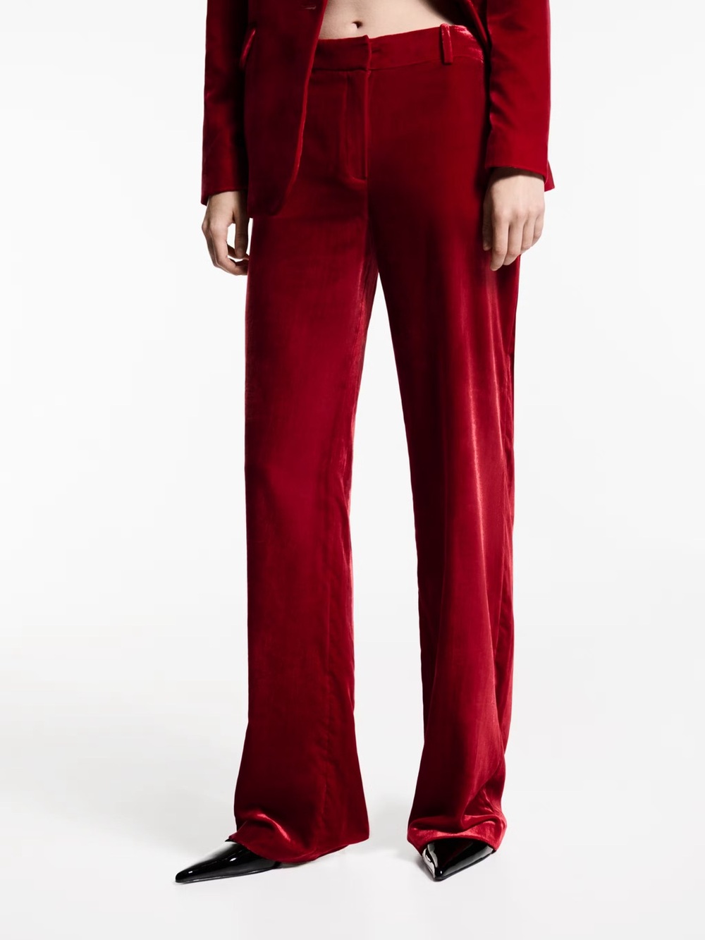 Mango Velvet Wide-Leg Pants in Crimson Red